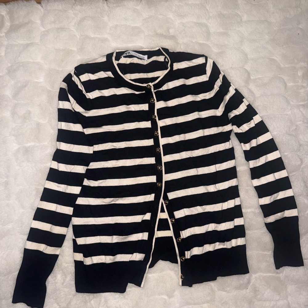 Zara Black and White Striped Cardigan